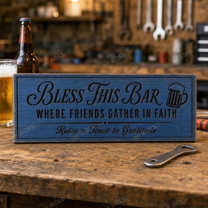 Laser-engraved wooden sign with the text 'BLESS THIS BAR' suitable for a home bar or garage.