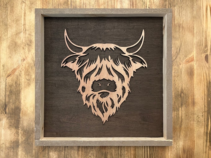3D CNC-carved highland cow wood sign
