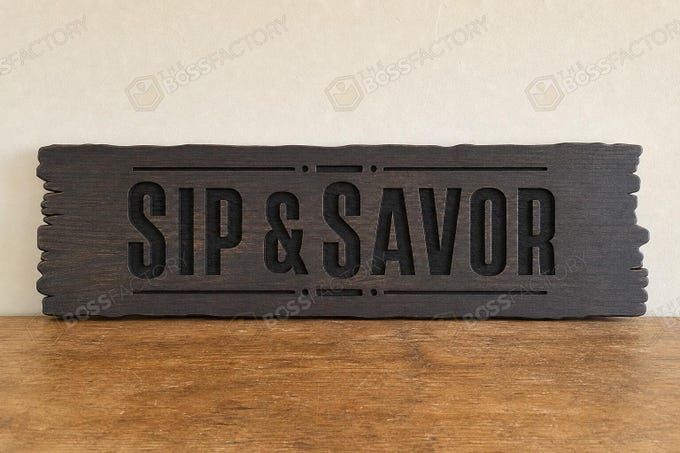 Laser-engraved home bar sign featuring 'Sip & Savor' in elegant font on solid pine wood.