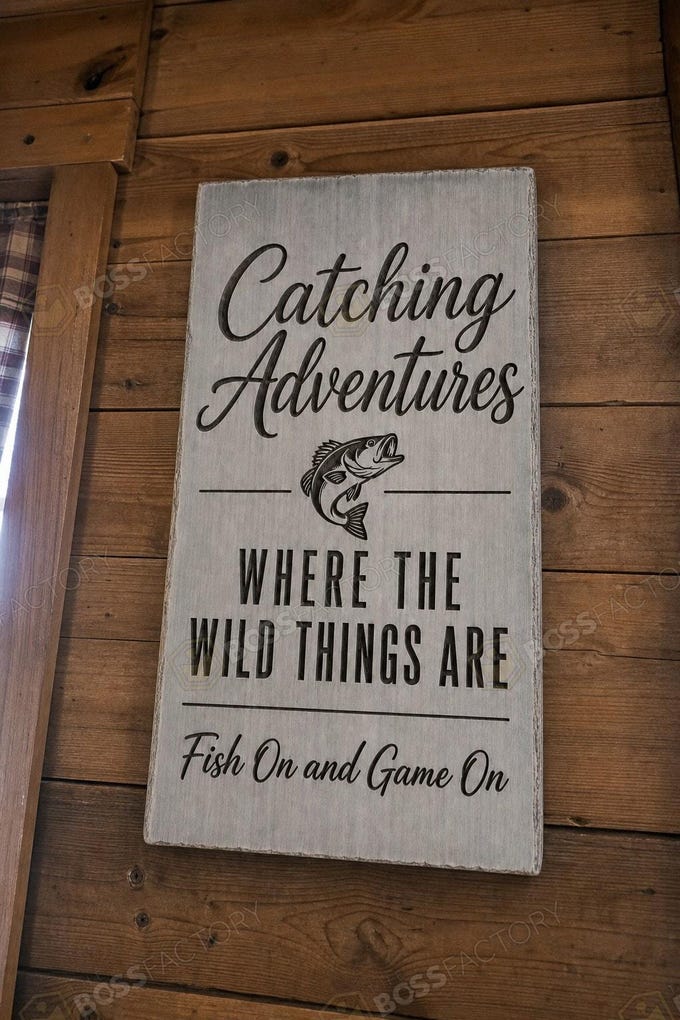 Laser-engraved hunting and fishing sign with phrases about outdoor adventures, displayed on a wooden background.
