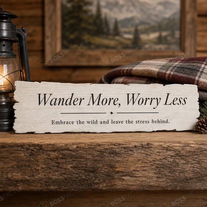 Laser engraved pine wood sign featuring camping themes and motivational quotes.