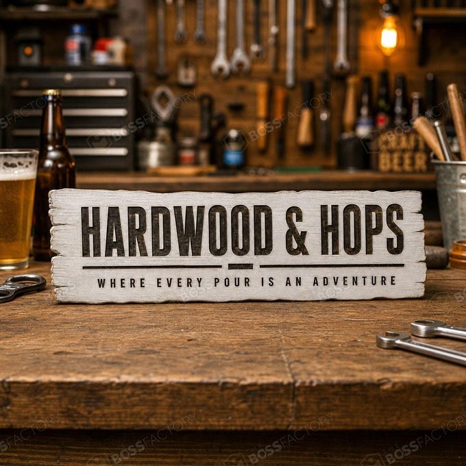 Laser-engraved bar sign with the text 'HARDWOOD & HOPS' and 'Where Every Pour Is An Adventure', displayed in a linen white stain.
