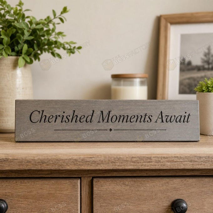 Laser-engraved family home sign with the phrase 'Cherished Moments Await' in weathered grey stain.
