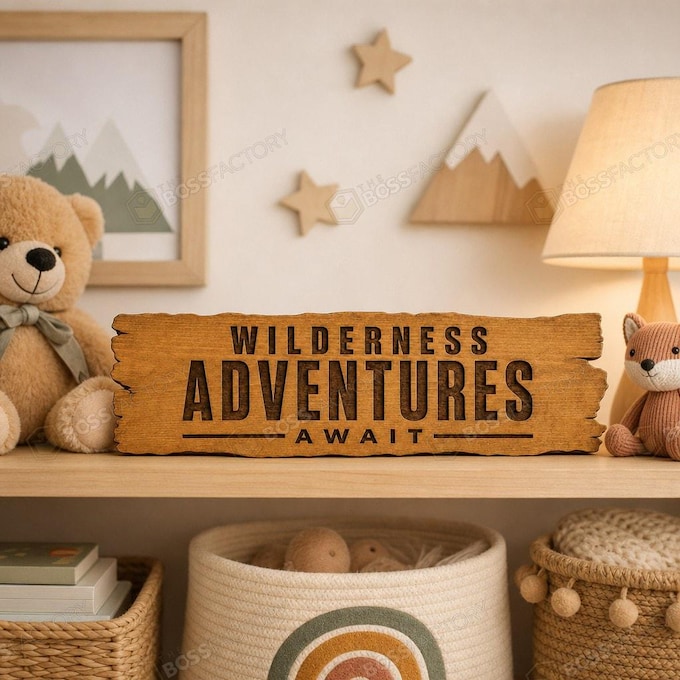Laser-engraved kids nursery sign featuring 'Wilderness Adventures Await' in golden pecan stain.