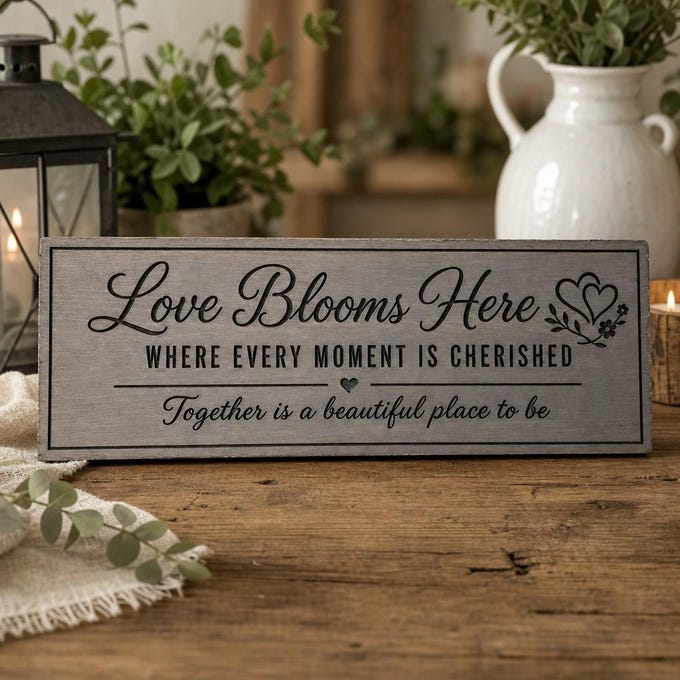 Laser-engraved wedding sign on solid pine with the text 'LOVE BLOOMS HERE', showcasing a classic grey stain.
