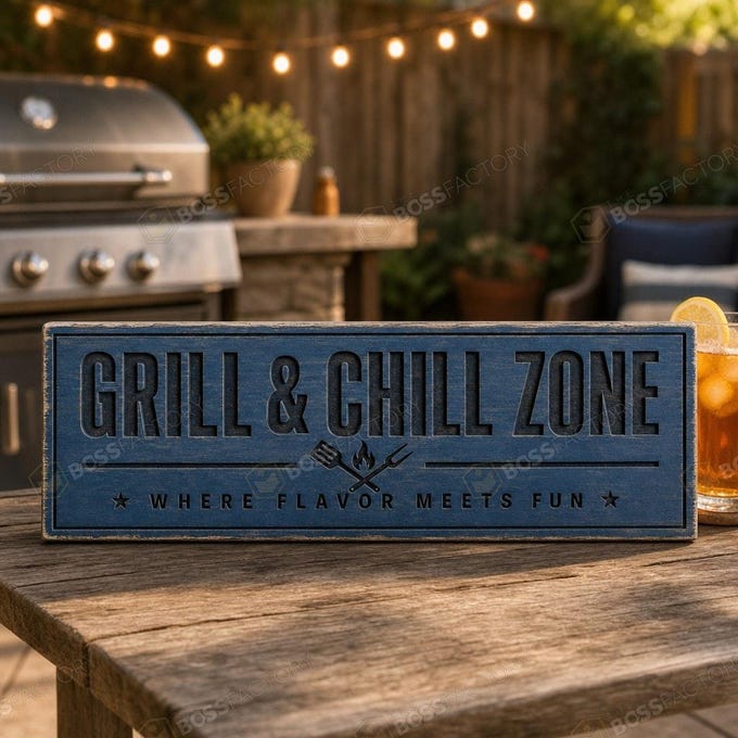 Laser-engraved BBQ sign with phrases 'Grill & Chill Zone' and 'Where Flavor Meets Fun' on solid pine wood.