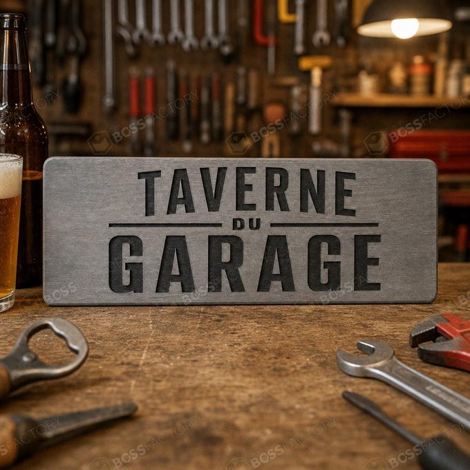 Laser-engraved solid pine bar sign reading Taverne du Garage, shown in a Classic Grey stain mockup for garage bar, home pub, or man cave wall decor.