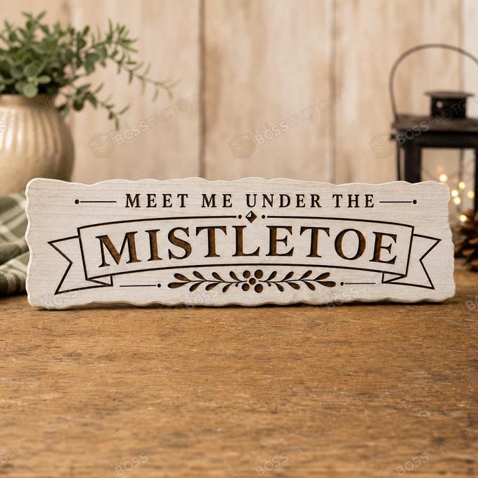 Laser-engraved solid pine Christmas sign reading “Meet Me Under the Mistletoe,” shown in a Linen White stain option with seasonal holiday lettering.