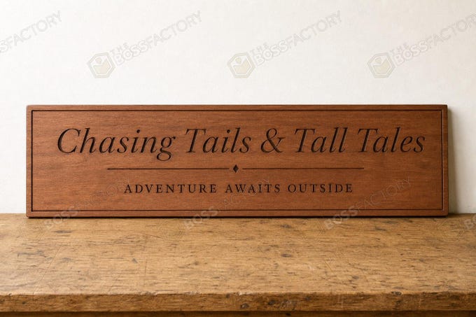 Laser-engraved hunting sign with the phrases 'Chasing Tails & Tall Tales' and 'Adventure Awaits Outside' on solid pine.