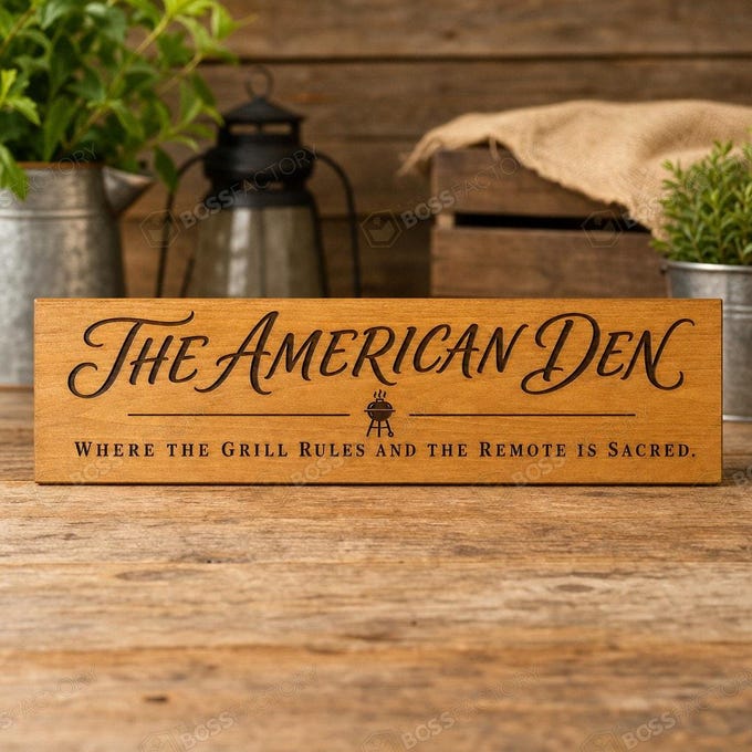 Laser-engraved Man Cave sign featuring 'THE AMERICAN DEN' and grill-themed quote on solid pine.