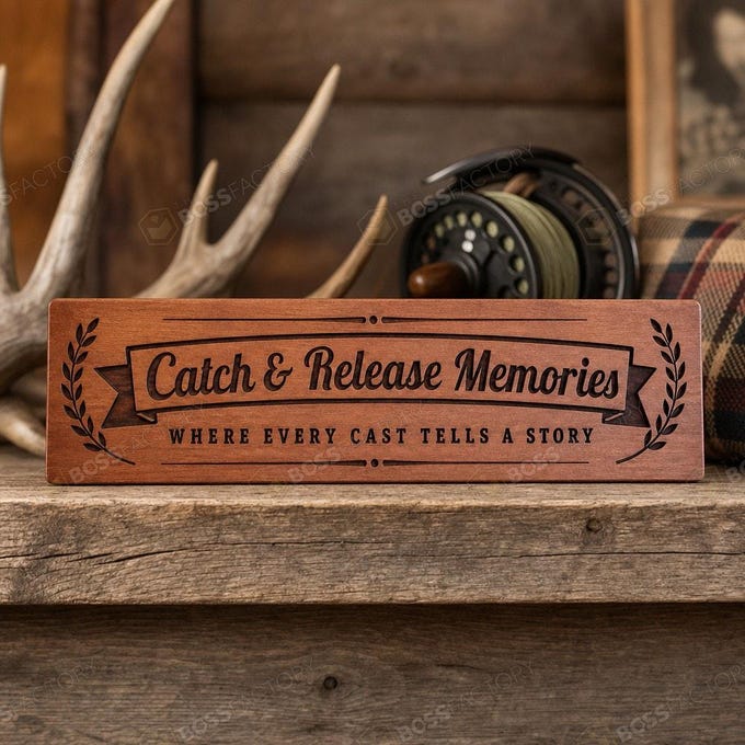 Laser-engraved hunting and fishing sign with the text 'Catch & Release Memories' and 'Where Every Cast Tells a Story'.