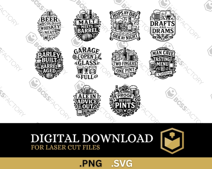 Preview of 10 beer and whiskey quote designs for shirts, bar signs, tumblers, coasters, laser engraving, CNC crafts, and man cave decor.