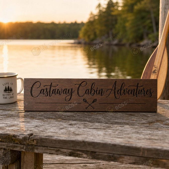 Laser-engraved wooden sign reading 'CASTAWAY CABIN ADVENTURES' in dark walnut finish, perfect for a cottage or lakehouse.
