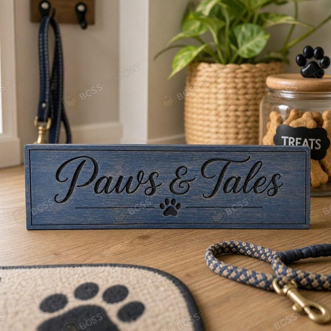 Laser-engraved wooden sign featuring the phrase 'Paws & Tales' in a worn navy finish, perfect for pet lovers.