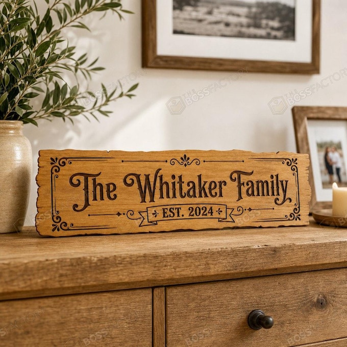 Laser-engraved solid pine family name sign reading The Whitaker Family EST. 2024, shown in Golden Pecan stain as personalized home wall decor.