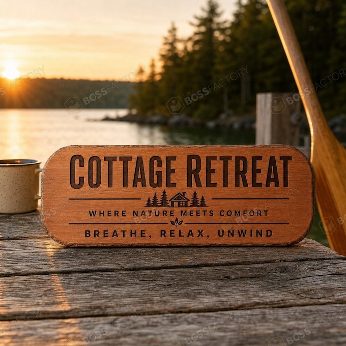 Laser-engraved cottage retreat sign with natural wood finish and inviting phrases.