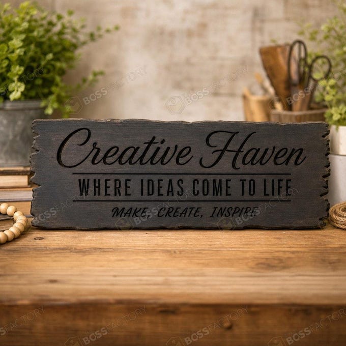 Laser-engraved workshop sign with the text 'CREATIVE HAVEN' and inspirational phrases, shown in ebony stain.