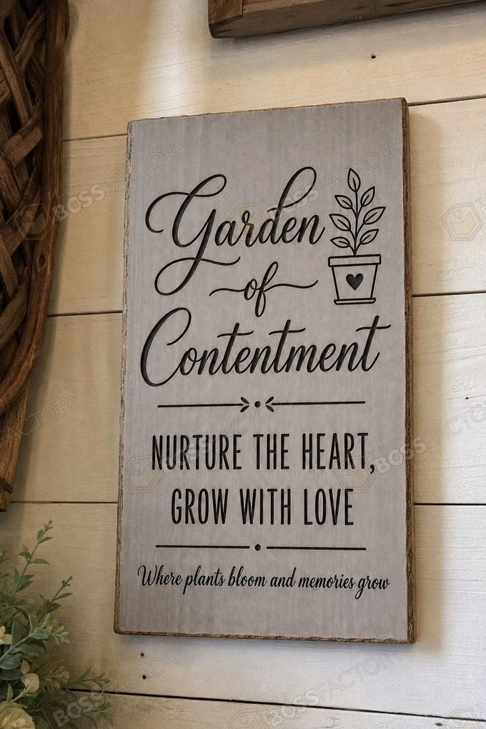 Laser-engraved garden sign with the text 'GARDEN OF CONTENTMENT' in Classic Grey stain, showcasing a nurturing garden theme.