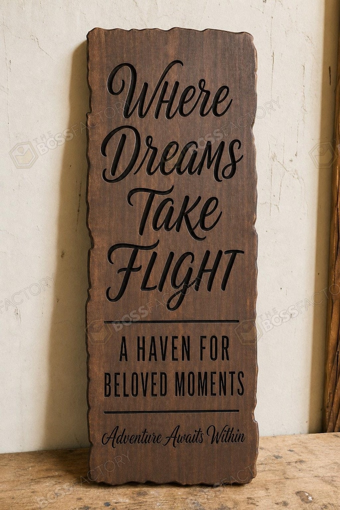 Laser-engraved family sign with the phrase 'WHERE DREAMS TAKE FLIGHT' in dark walnut stain, perfect for home decor.