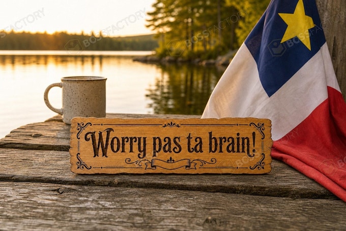 Enseigne de chalet au bord du lac en pin gravé au laser avec l’inscription « Worry pas ta brain! », ornée de détails côtiers des Maritimes d’inspiration acadienne, pour chalet, camp, cuisine ou garage.