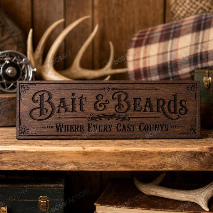 Laser-engraved hunting and fishing sign with 'Bait & Beards' and 'Where Every Cast Counts' in dark walnut finish.