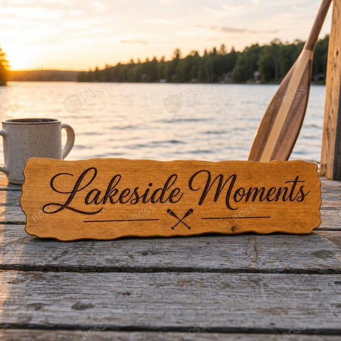 Lakeside Moments laser-engraved wood sign displayed in a cozy cottage setting.