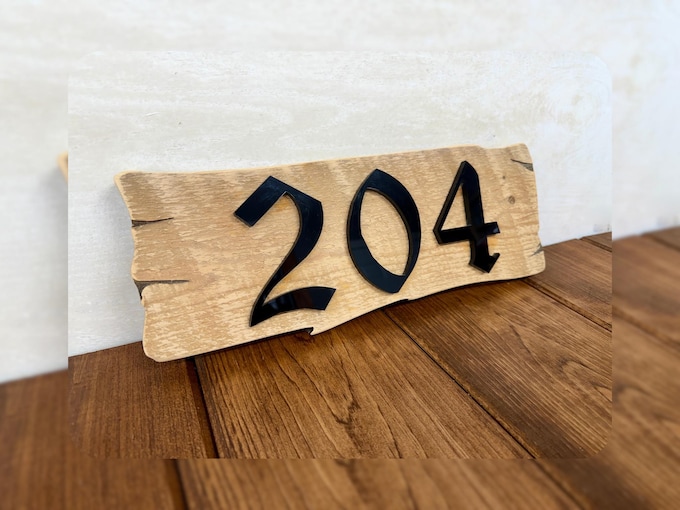 Live Edge Wood House Number Sign • Modern Black Acrylic Numbers