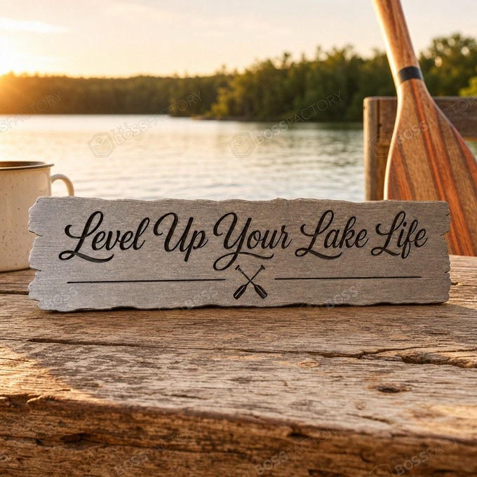 Laser-engraved wooden sign that says 'Level Up Your Lake Life' in weathered grey finish, perfect for cottage or lakehouse decor.