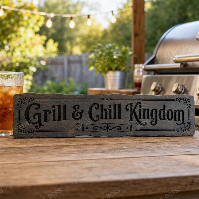 Laser-engraved BBQ sign with 'Grill & Chill Kingdom' text on solid pine wood in ebony stain.
