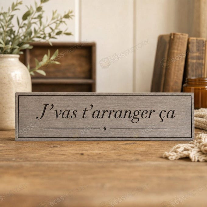 Laser-engraved solid pine workshop sign shown in Weathered Grey stain with the French saying “J’vas t’arranger ça” for a garage, maker space, or tool room.