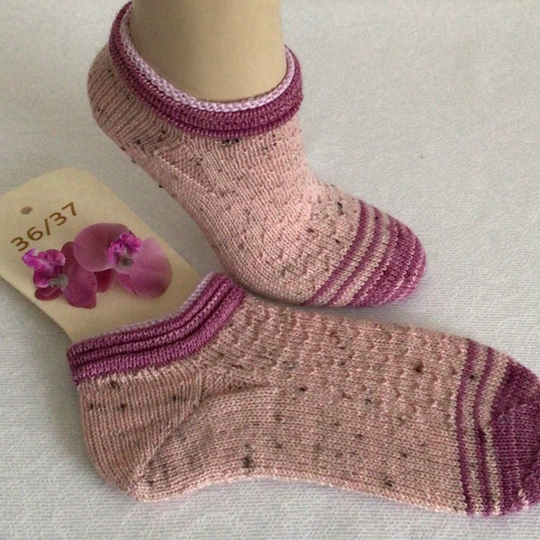 Sneakersocken, Kurzsocken, Füßlinge, Frühling,Sommer, Freizeit, Gestrickt, Handarbeit, Gr. 36/37, Rosa,Tweed