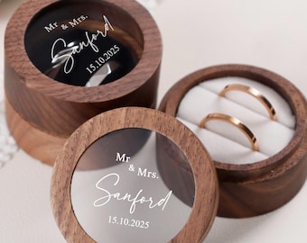 Personalized Wooden Wedding Ceremony Round Ring Box/ Clear Acrylic Cover/ Custom Proposal Engagement Ring Box with Name/ Bridal Gift For Her