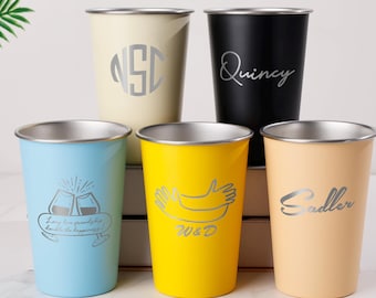 Personalized Engraved Stainless Steel Pint Cup with Initials/ Metal Beer Tumbler/ Anniversary Gift/ Camping & Tailgate Party/ Bachelorette