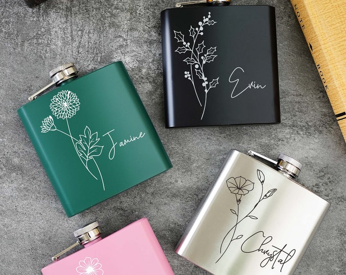 Personalised Hip flask/Custom Hip Flask with Birth Flower/Personalised Bottle Wedding For her/Hen Party Gift/Bridesmaid Gift/Women Hip Flask