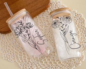 Personalized Birth Flower Tumbler/ Graduation Gift/ Bridesmaid Proposal Gift/ Custom Glass Coffee Cup/ Gifts for Her/ Mother&#39;s Day Gift/ Cup