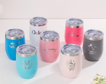 Personalized Laser Engraved 12 oz Wine Tumbler/ Stainless Steel Wine Tumbler/ Bridesmaid Gift/ Custom Logo/ Vacuum Insulated Stemless Cup