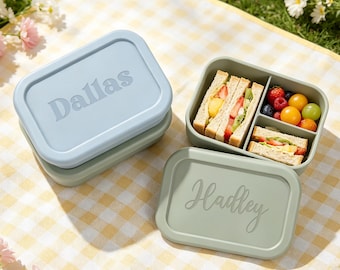 Personalized Engraved Silicone Bento Box/ Custom Lunch Box with Name/ Children Food Container with Dividers/ Gift For Kids Women Coworker