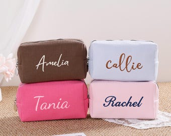 Personalized Waffle Cosmetic Bag/ Custom Embroidered Waffle Makeup Bag/ Monogramed Toiletry Makeup Bag/ Bridesmaid Gift Bag/ Gift for Her