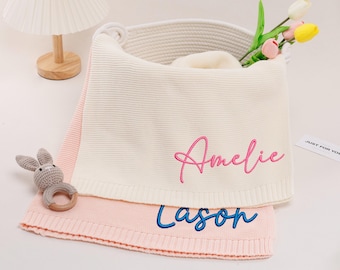 Personalized Cotton Knit Baby Blanket/ Embroidered Baby Name Blanket/ Baby Shower Gift/ Custom Newborn Gift/ Stroller Blanket/ Baby Keepsake