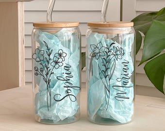 Personalized Birth Flower Coffee Cup With Name/ Personalized Birth Flower Glass Tumbler/ Gifts for Her Be My Bridesmaid/ Bridesmaid Proposal