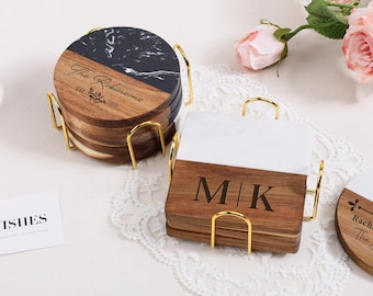 Personalized Housewarming Gift, Marble and Wood Coasters/ Custom Coasters Set With Holder/ Wedding Gift for Couple/ Realtor Closing Gift