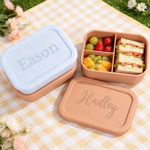 Op de afbeelding: Twee gepersonaliseerde lunchboxen, één lichtblauw met "Eason" en één perzik met "Hadley" in reliëf op de deksels. Eén doos is open, gevuld met sandwiches, druiven, aardbeien, kiwi en sinaasappels. De dozen staan op een geel geruite picknickdeken.