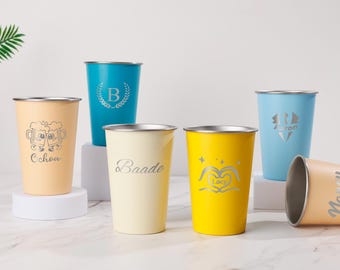 Personalized Engraved Stainless Steel Pint Cup with Initial Monogram Design/Groomsmen Gift/ Reusable Metal Beer Tumbler/BBQ & Outdoor Events