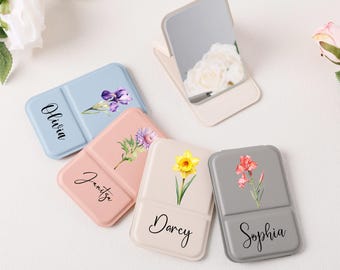 Personalized Square Compact Mirror/ Custom Birth Flower Leather Pocket Mirror/ Birthday Gifts for Her/Bridesmaid Gift/ Gifts for Best Friend