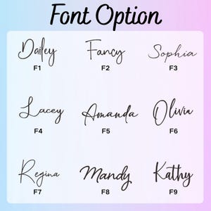 May include: A graphic showcasing nine different cursive font options. Each font displays a name, such as "Dailey" and "Fancy", with a corresponding identifier, like "F1" or "F2", below the name. The background has a gradient of blue and pink.
