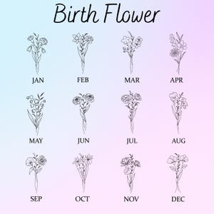 May include: A graphic featuring twelve floral illustrations, each representing a birth month. The title "Birth Flower" is at the top. Each flower is labeled with a month from January to December, set against a gradient background of blue and pink.