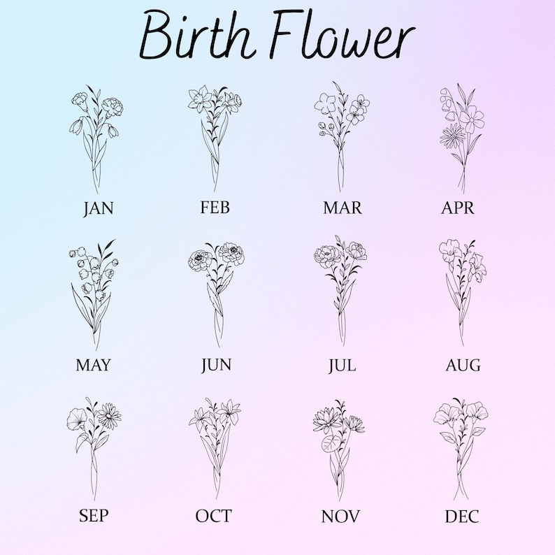 May include: A graphic featuring twelve floral illustrations, each representing a birth month. The title "Birth Flower" is at the top. Each flower is labeled with a month from January to December, set against a gradient background of blue and pink.