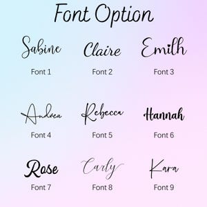 May include: A graphic displaying nine different font options for text. The fonts are labeled with names like Sabine, Claire, and Hannah, each paired with a font number. The text "Font Option" is at the top, set against a soft, gradient background.
