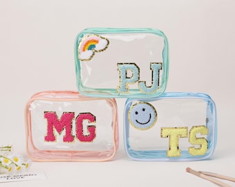 Personalized Monogrammed Clear Toiletry Bag/ Personalized Cosmetic Bag/ Custom Bridesmaid Makeup Bag/ Clear Bag with Letter Patch/Travel Bag