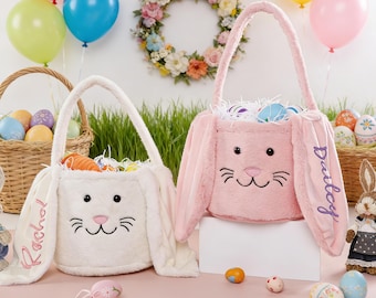Personalized Easter Basket/Easter Bucket/Kids Bunny Basket with Name/Easter Egg Hunt Basket/Embroidered Plush Easter Basket/Kids Easter Gift
